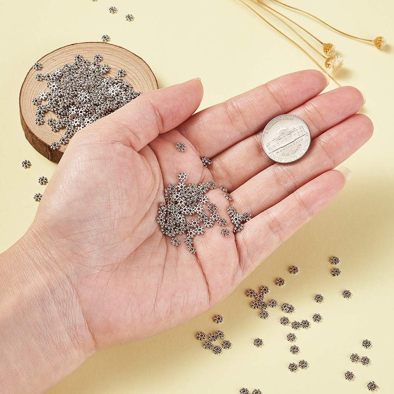 BB Beadthoven Beadthoven 1000pcs Tibetan Silver Alloy Daisy Spacer Beads Mini Snowflake Spacer Charms for DIY Christmas Bracelet Necklace Jewelry Making Supplies 4-4.5x1.5mm - Image 4